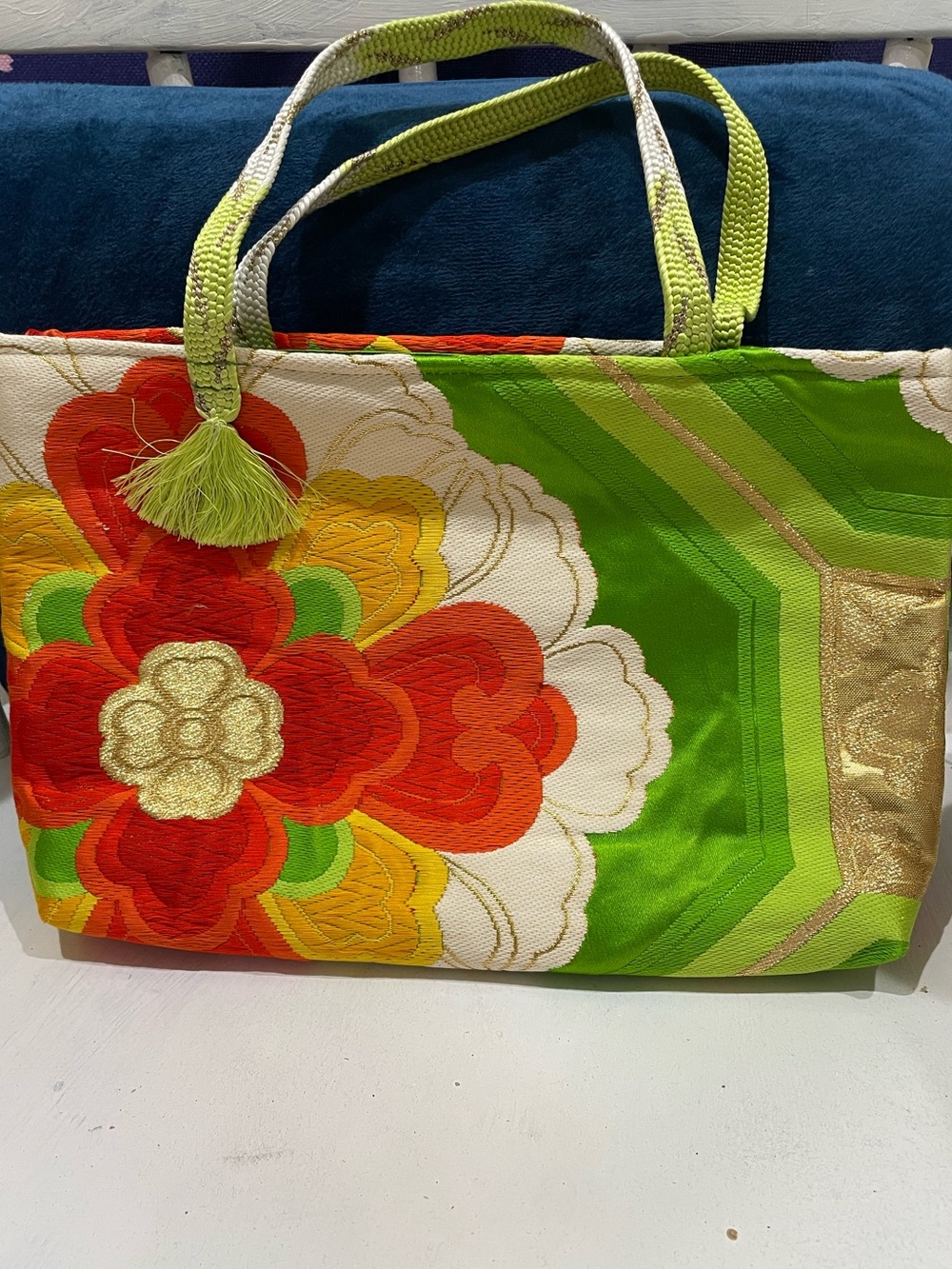 Green Floral Embroidered Tote with Tassel Accent